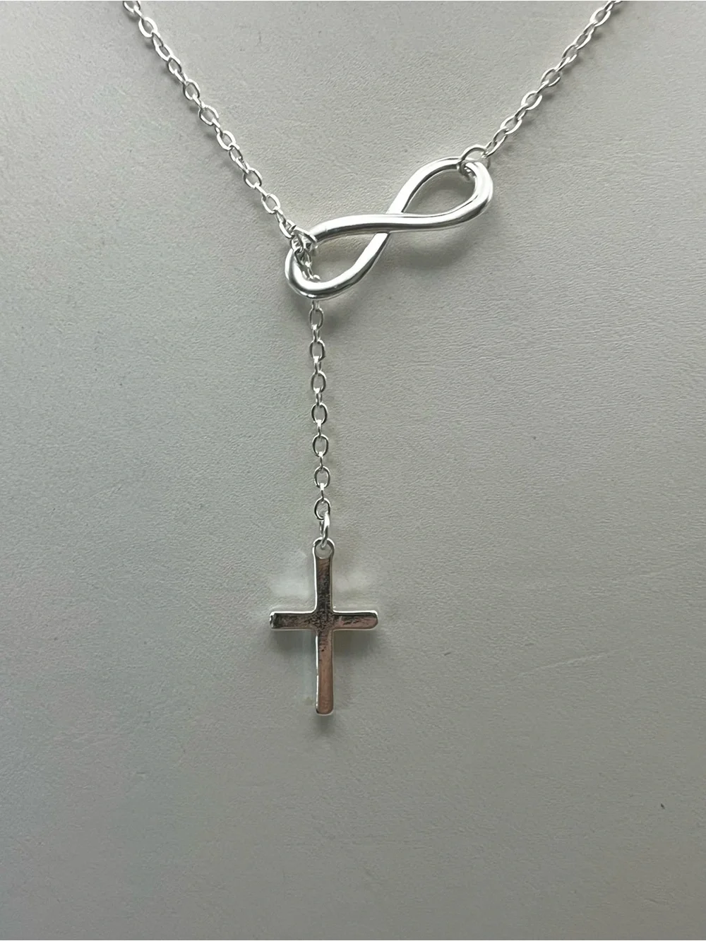 Silver Infinity Cross Necklace Lariat Y-Drop Faith Religious Dainty Minimalist
